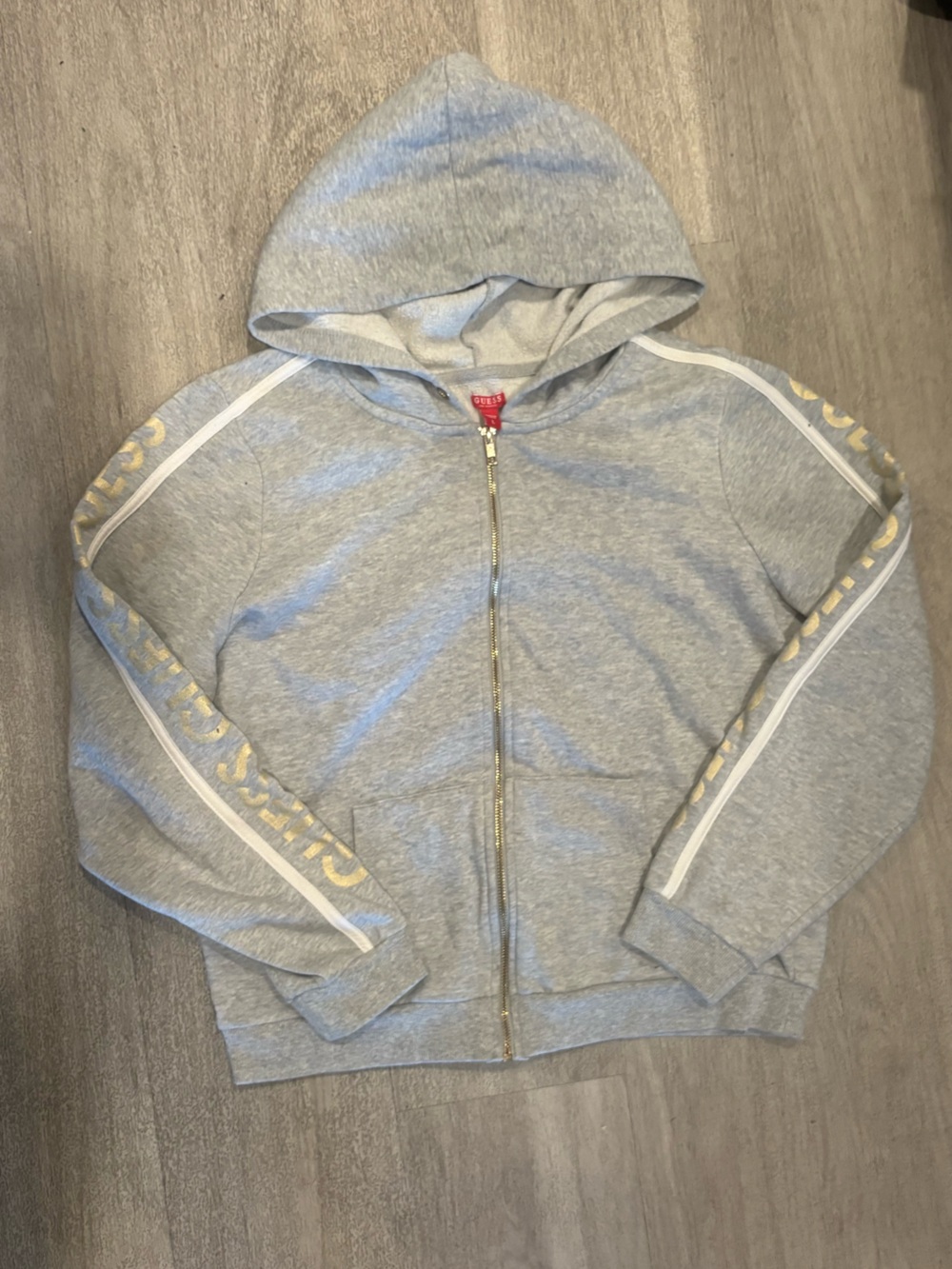 Guess Light Gray Zip-Up Hoodie with Gold Accent